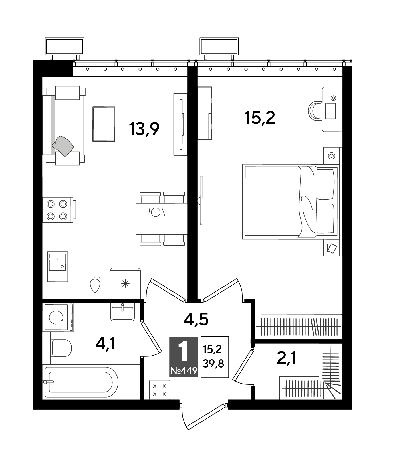Планировка: 1-комн. квартира 39,8 м²