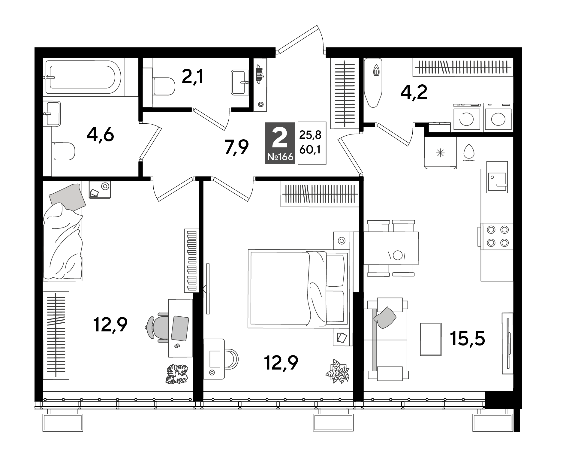 Планировка: 2-комн. квартира 60,1 м²