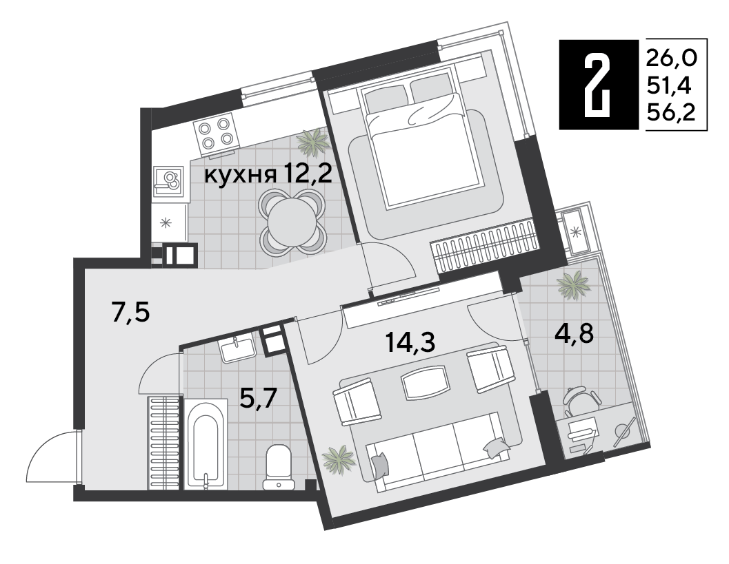 Планировка 2-комнатная 56,2 м²