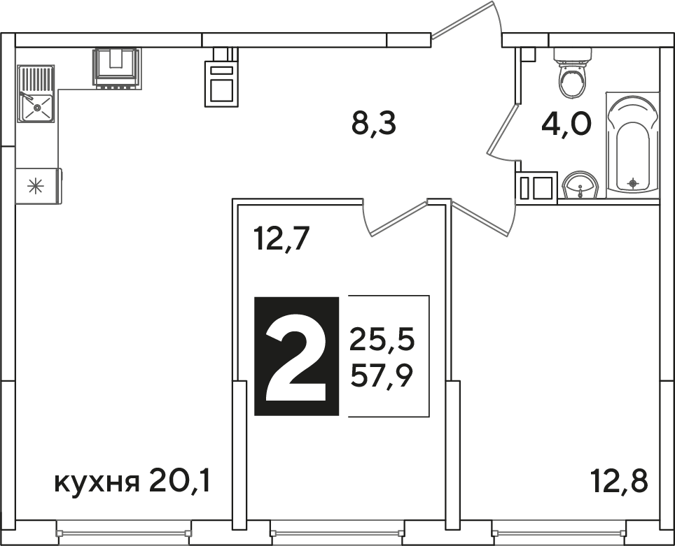 Планировка 2-комнатная 57,9 м²