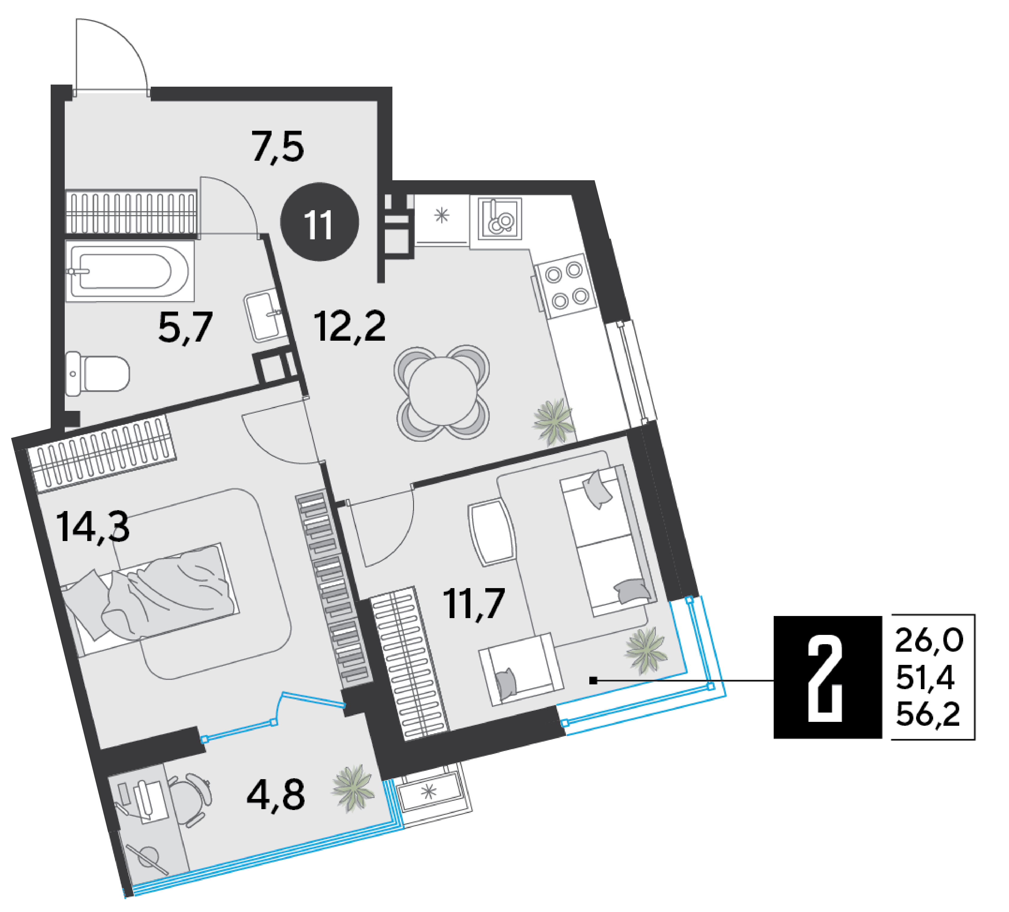 Планировка: 2-комн. квартира 56,2 м²