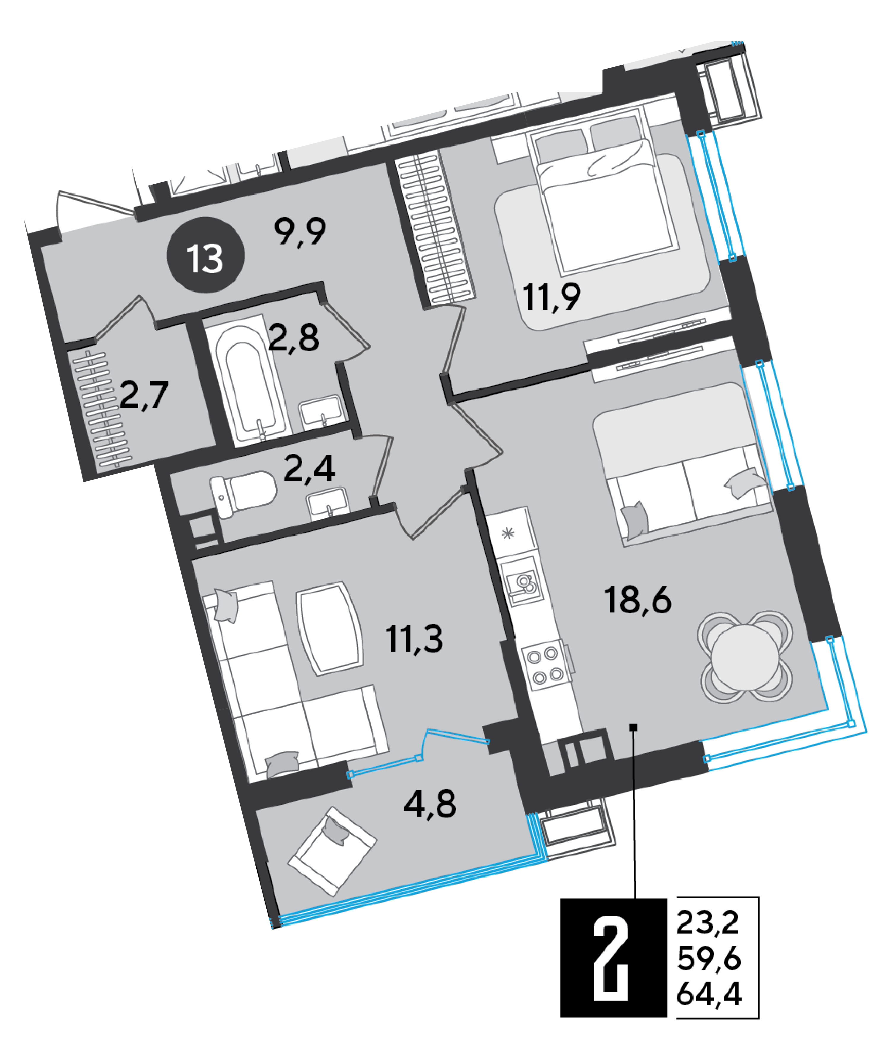Планировка: 2-комн. квартира 64,4 м²