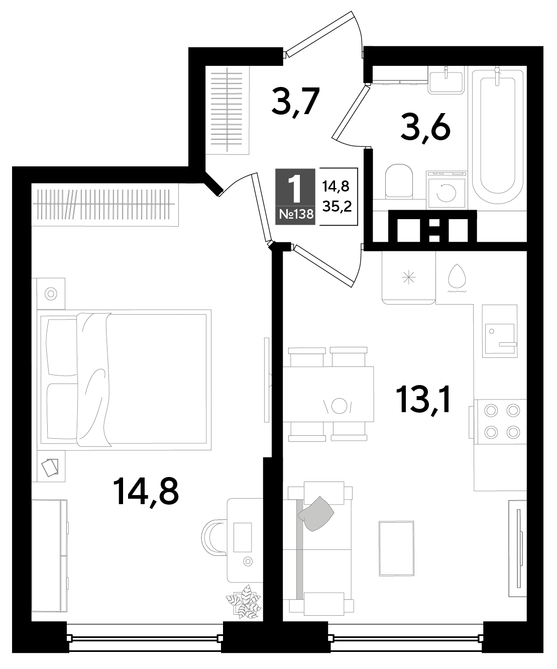 Планировка 1-комнатная 35,2 м²