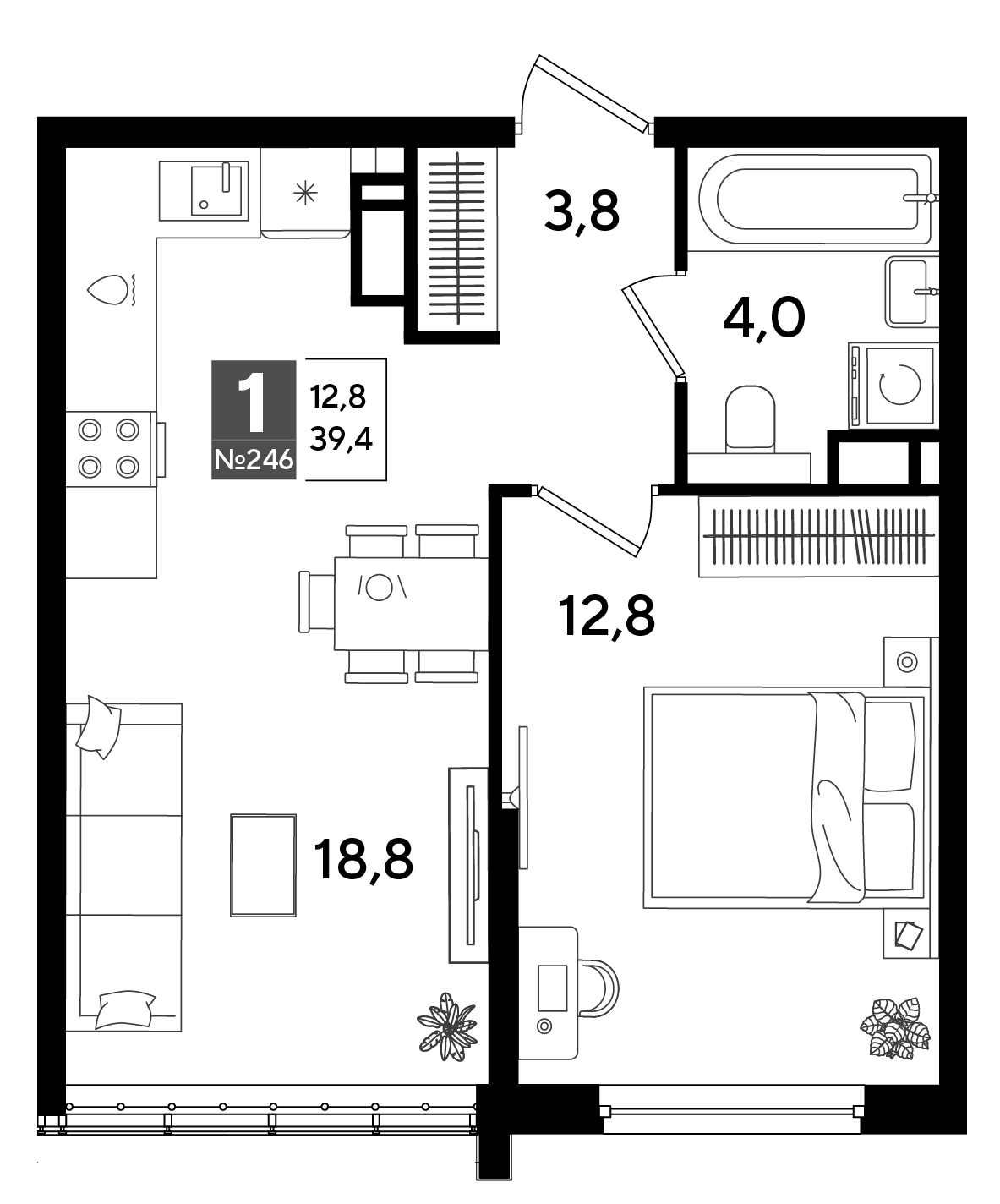 Планировка: 1-комн. квартира 39,4 м²