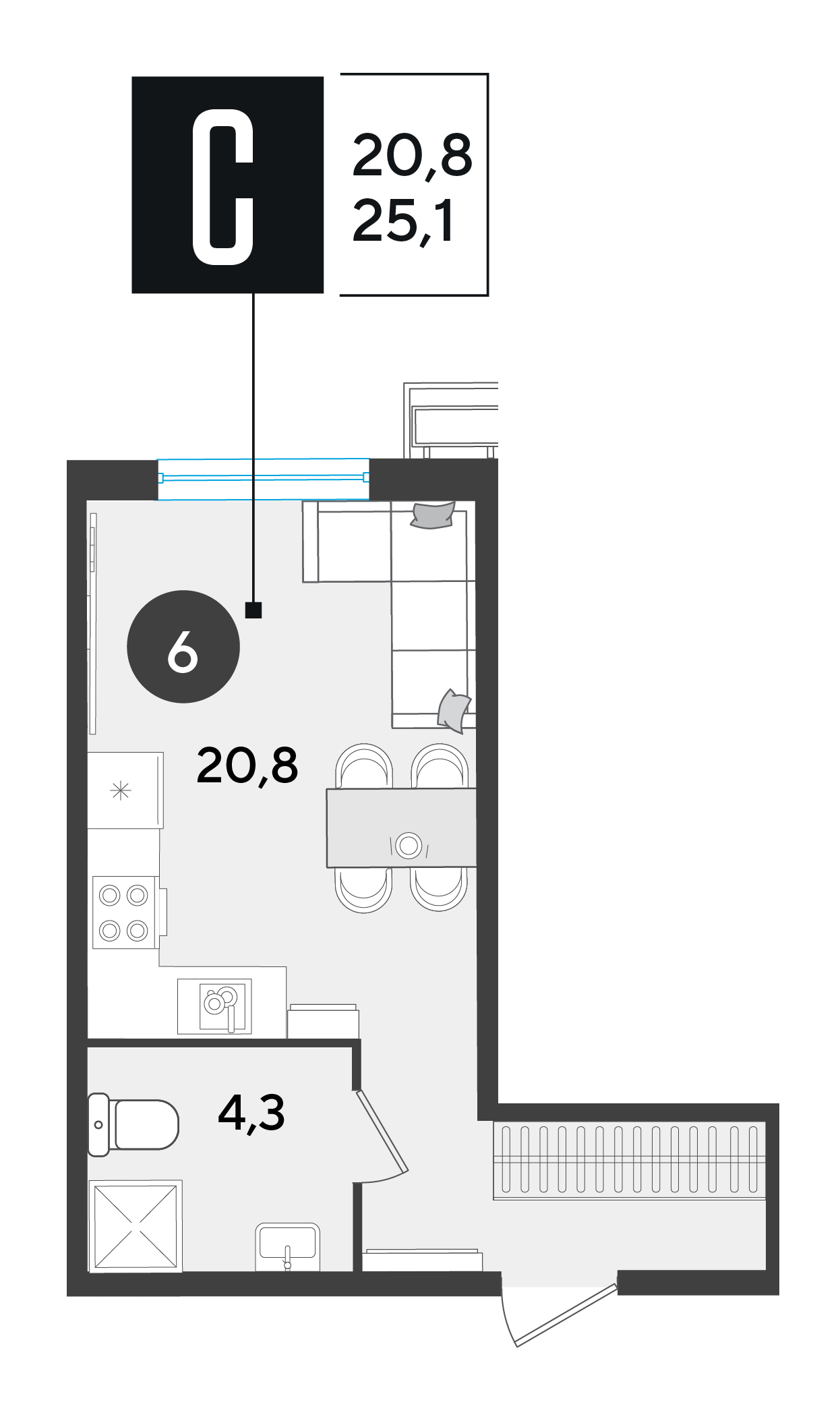 Планировка: Студия 25,1 м²