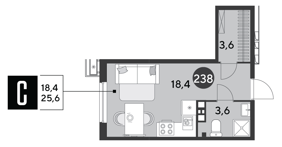 Планировка: Студия 25,6 м²