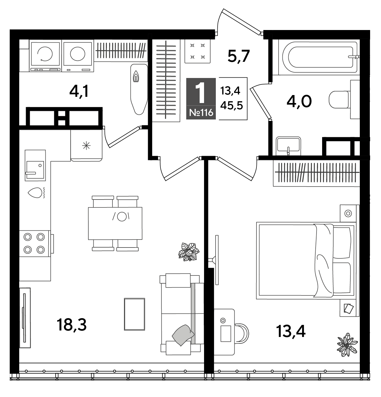 Планировка: 1-комн. квартира 45,5 м²
