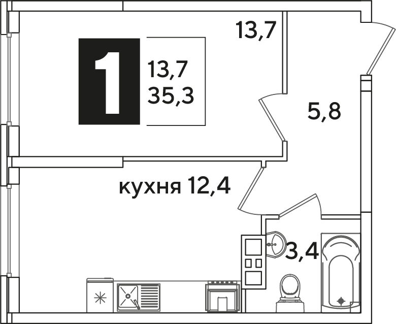 Планировка: 1-комн. квартира 35,3 м²