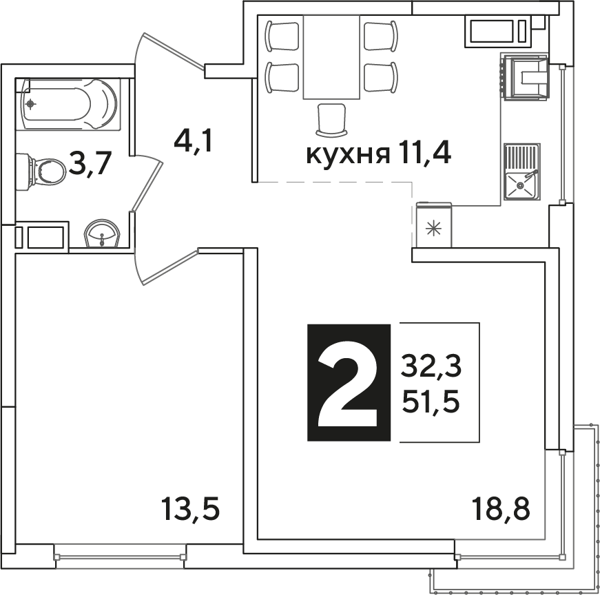 Планировка 2-комнатная 51,7 м²