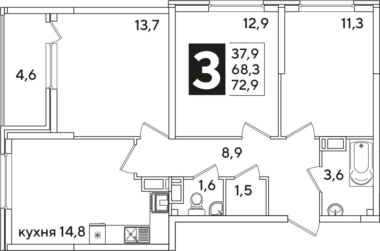Планировка 3-комнатная 72,9 м²
