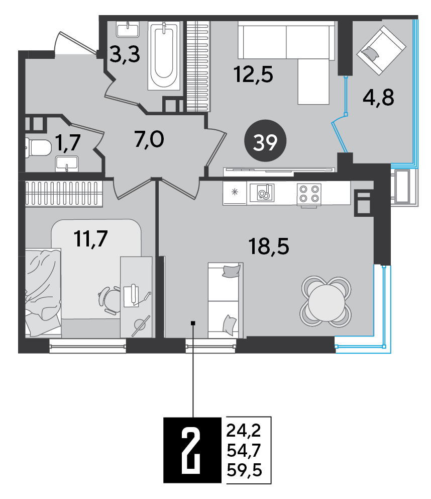 Планировка: 2-комн. квартира 59,5 м²