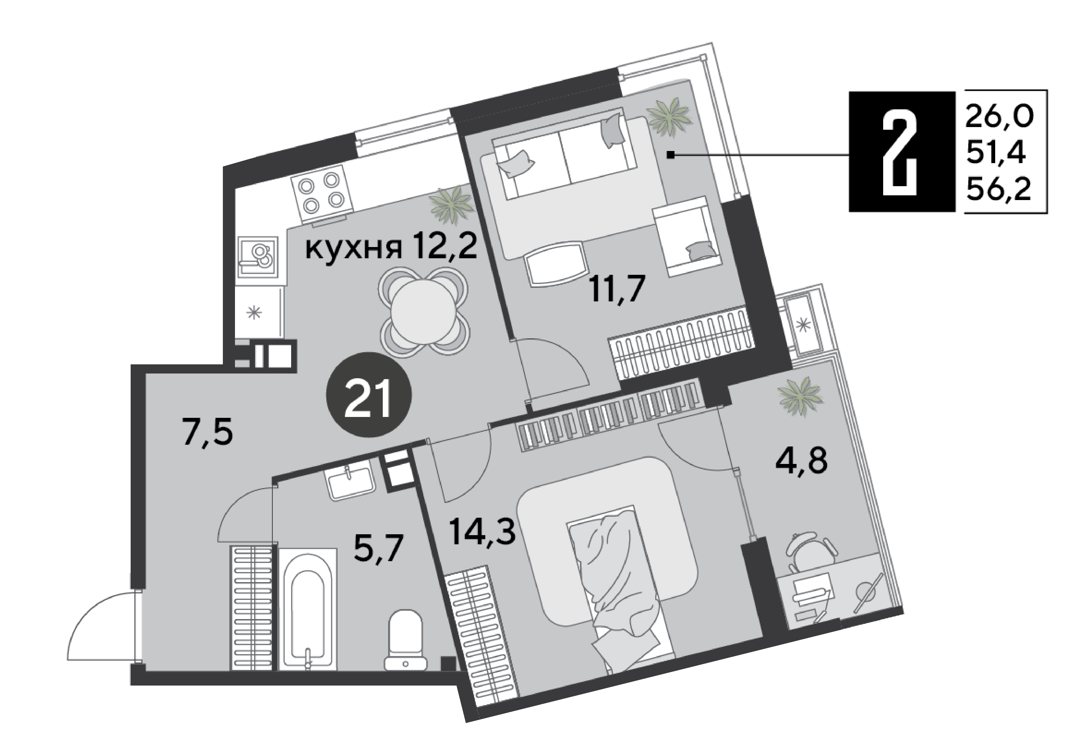 Планировка: 2-комн. квартира 56,2 м²