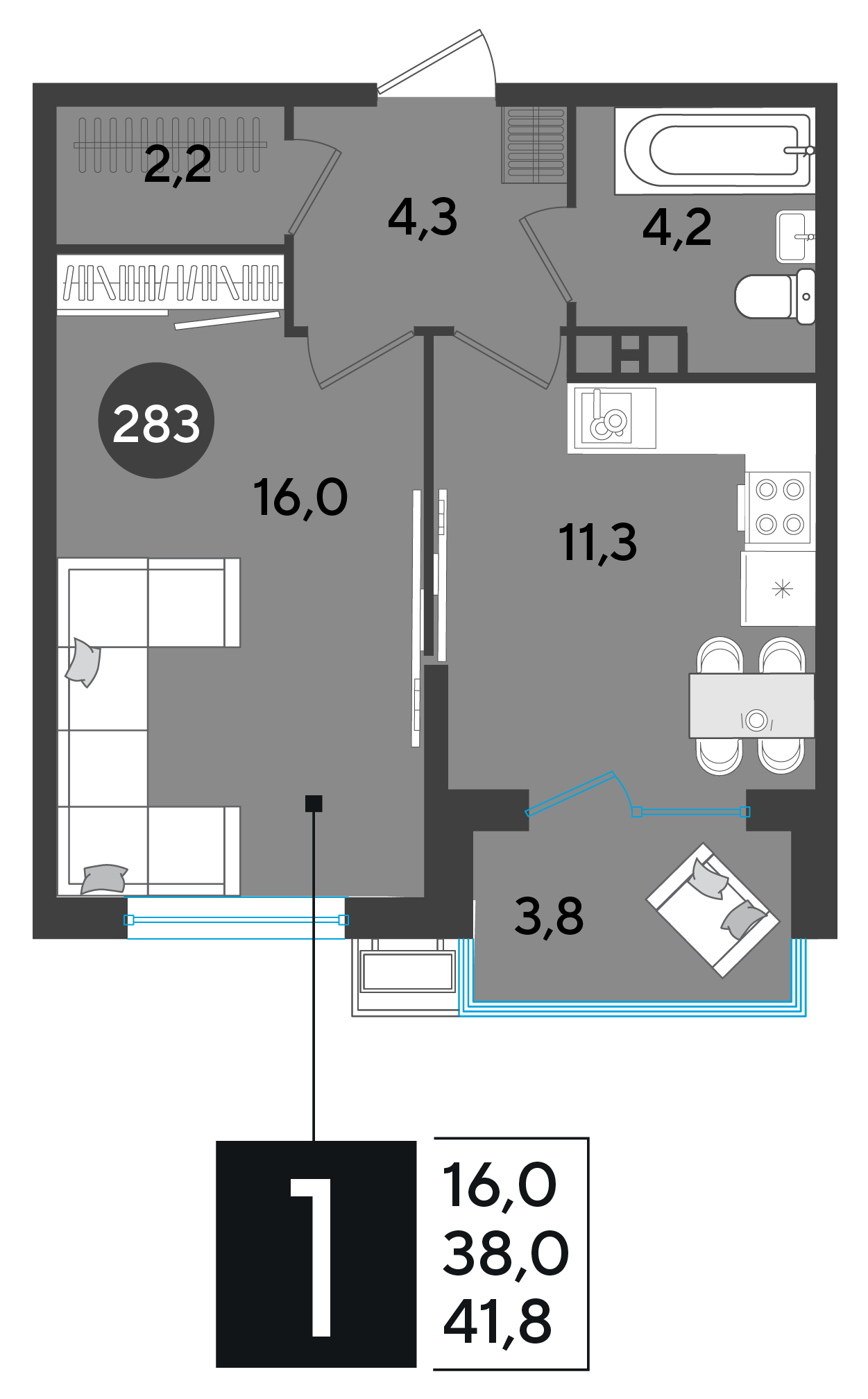 Планировка: 1-комн. квартира 41,8 м²