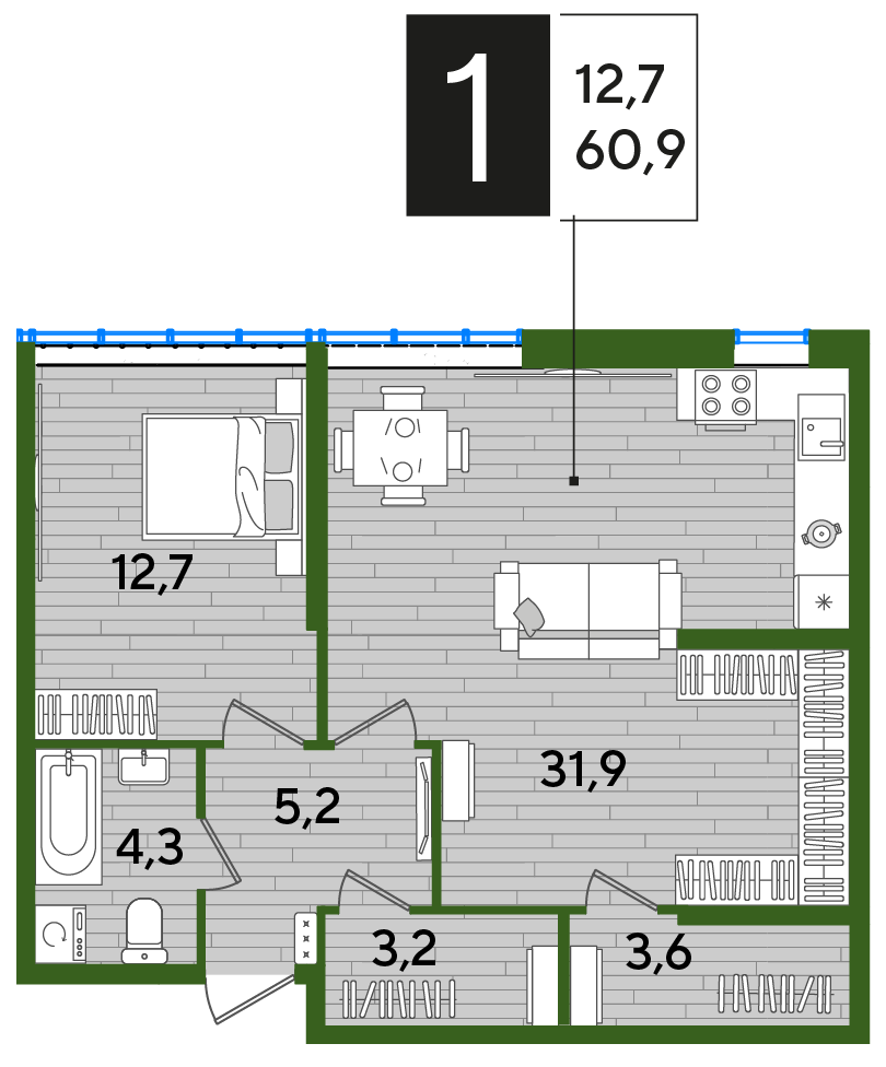 Планировка: 1-комн. квартира 60,9 м²
