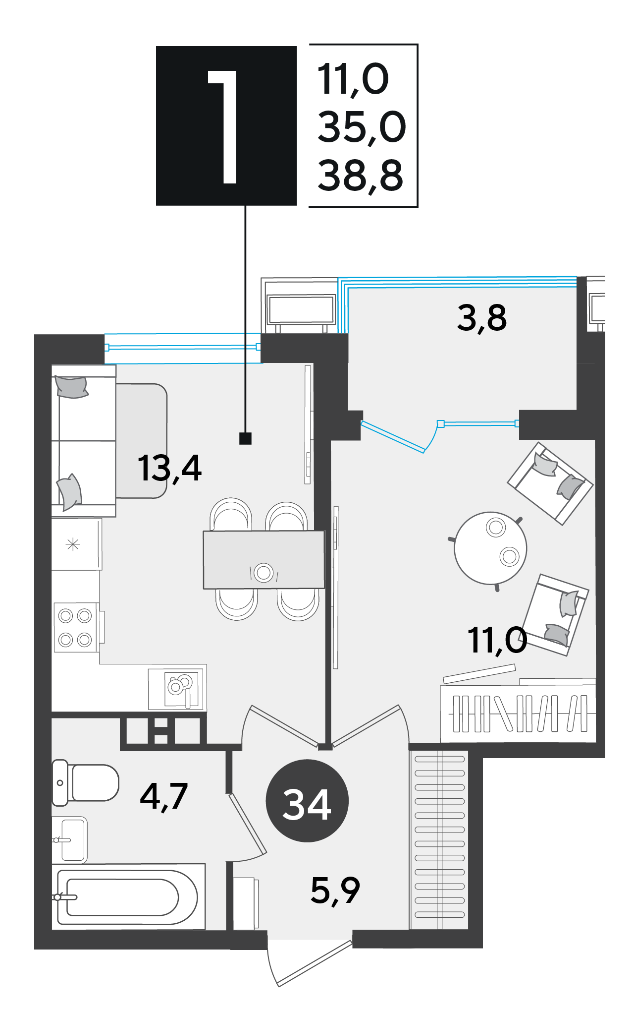 Планировка: 1-комн. квартира 38,8 м²