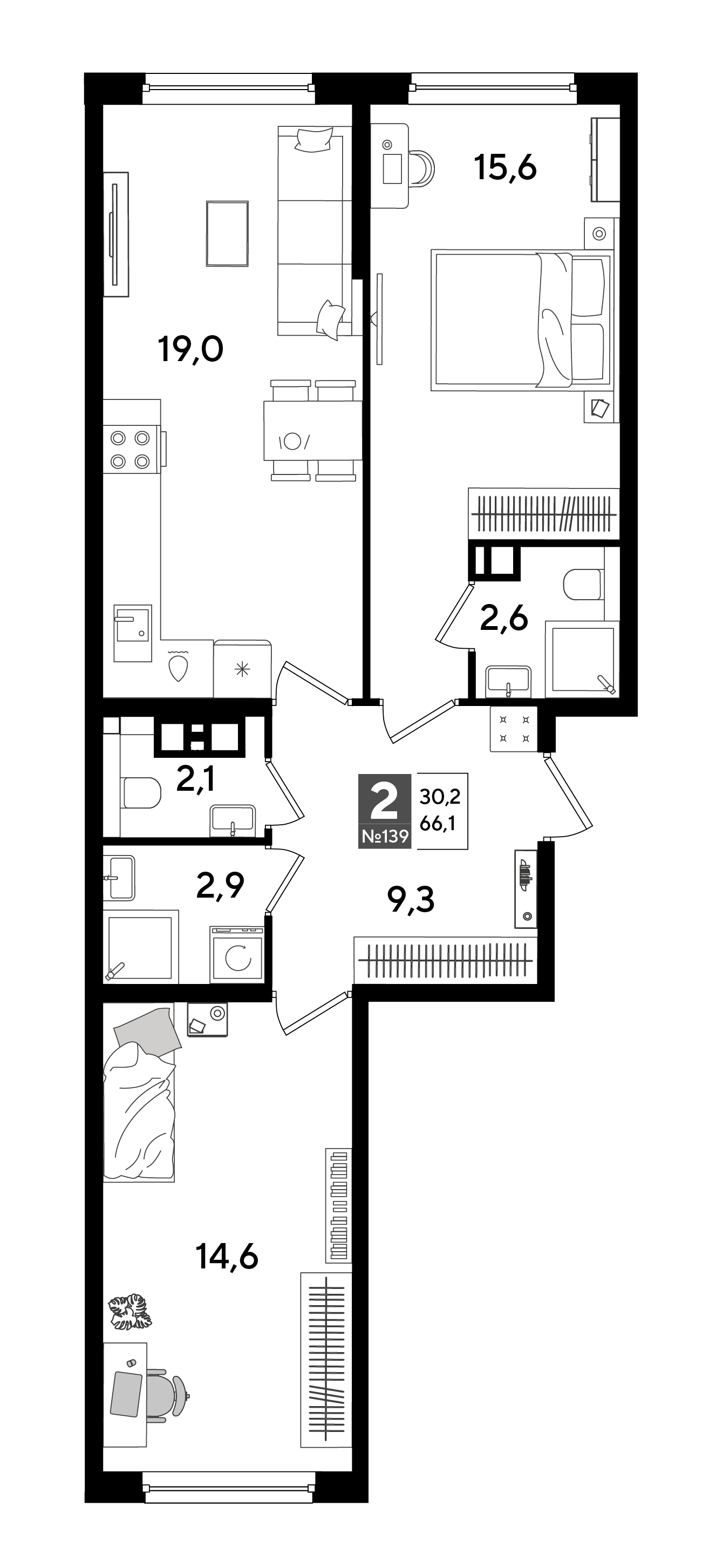 Планировка 2-комнатная 66,1 м²