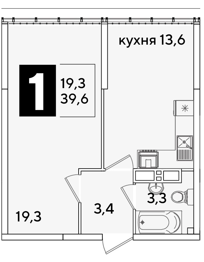Планировка: 1-комн. квартира 39,6 м²