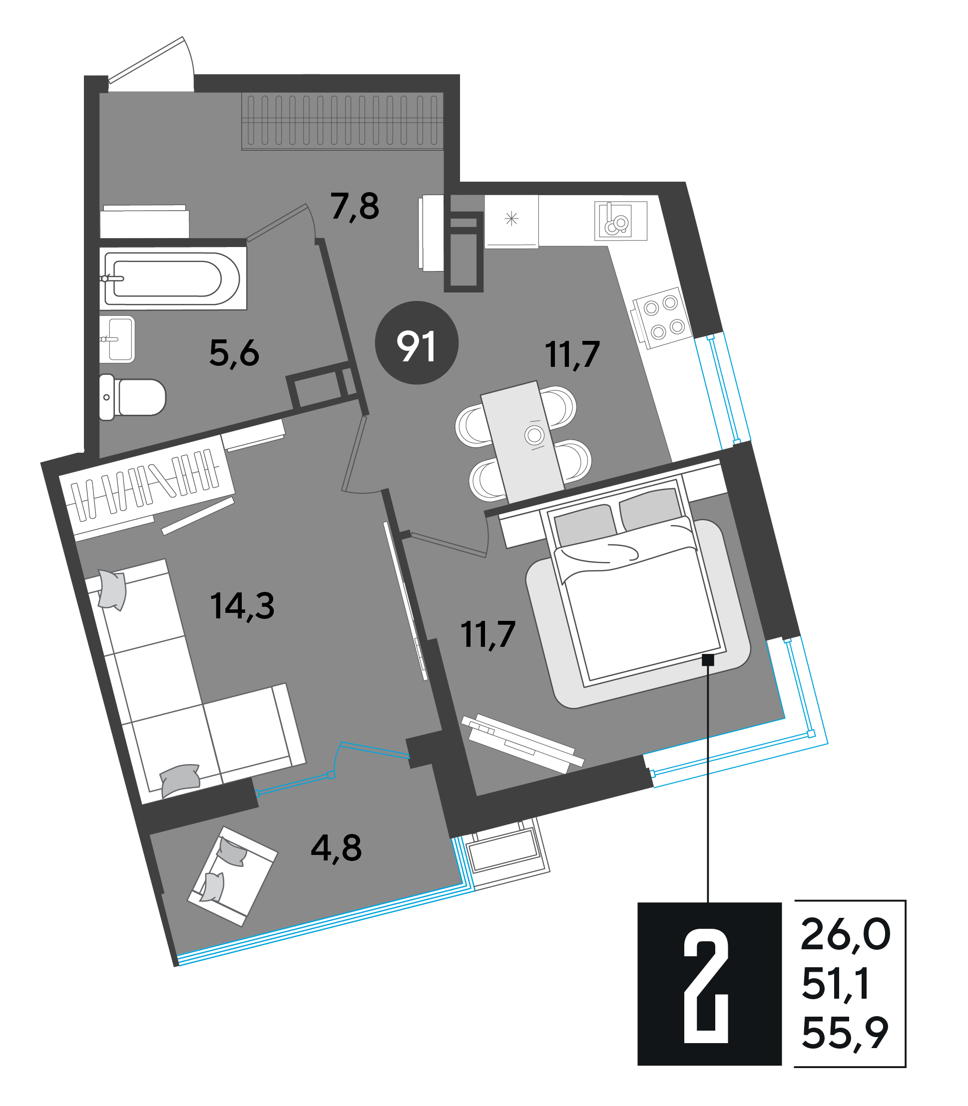 Планировка: 2-комн. квартира 55,9 м²