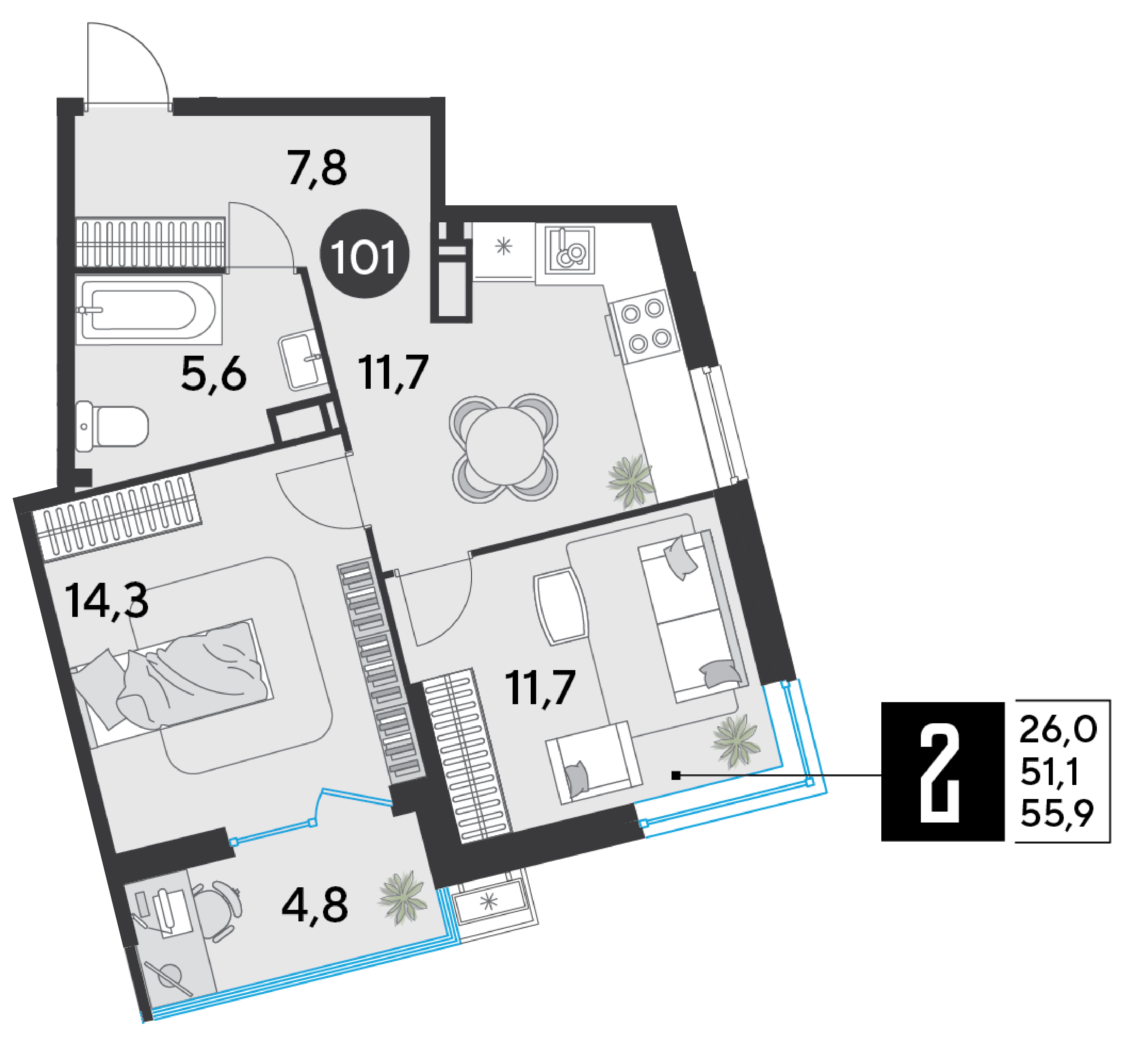 Планировка: 2-комн. квартира 55,9 м²