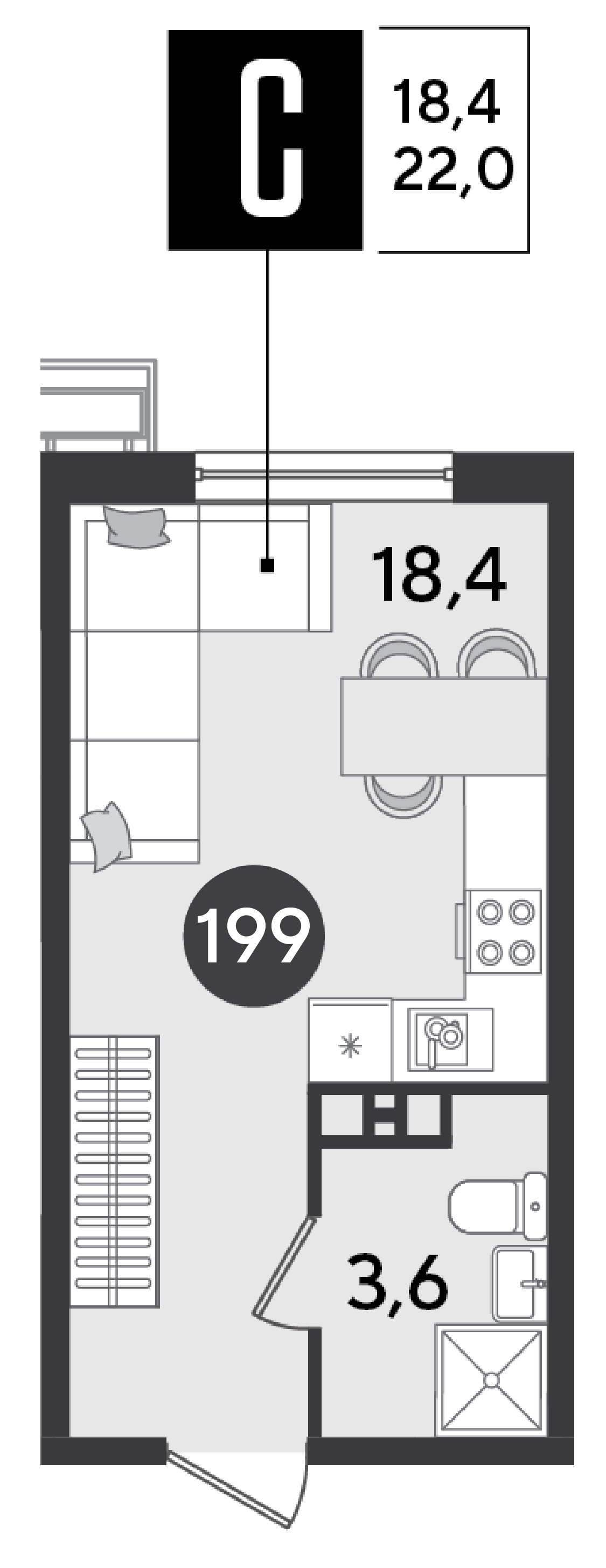 Планировка: Студия 22 м²