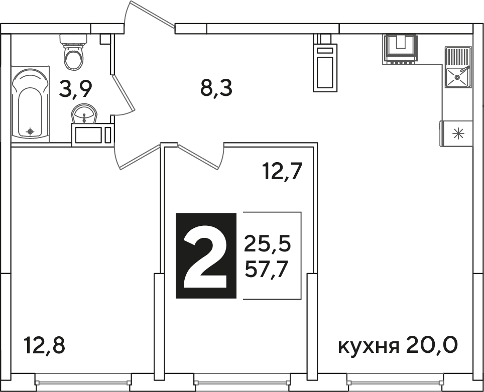 Планировка: 2-комн. квартира 57,7 м²