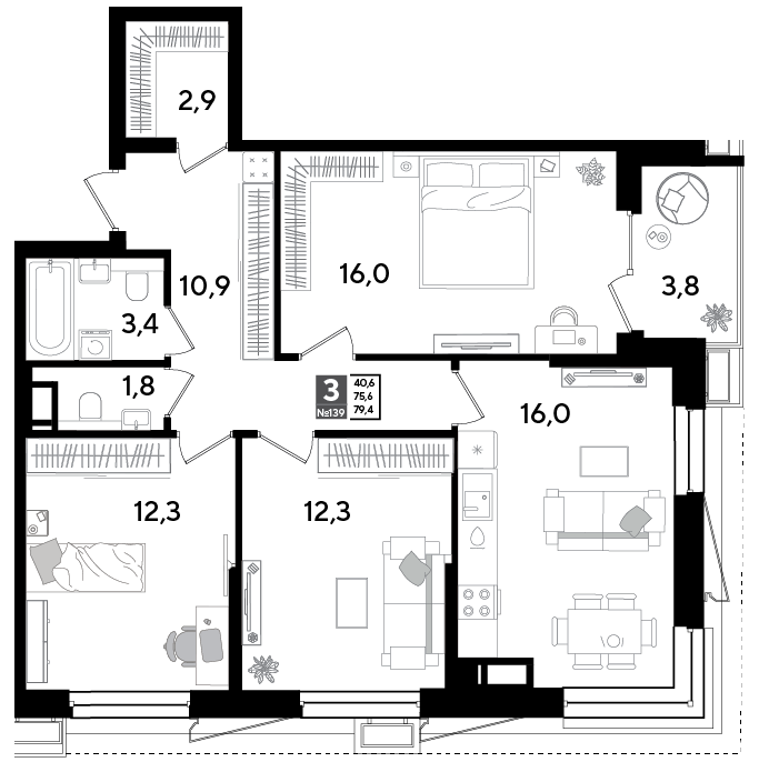 Планировка: 3-комн. квартира 79,4 м²