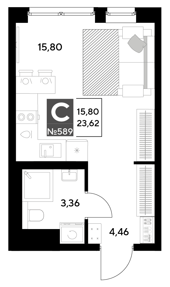 Планировка Студия 23,62 м²