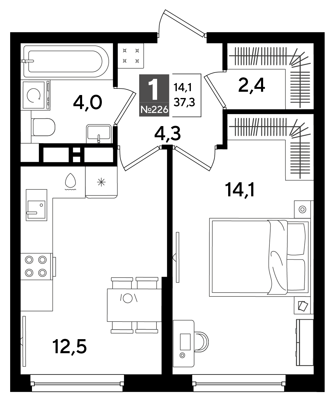 Планировка: 1-комн. квартира 37,3 м²