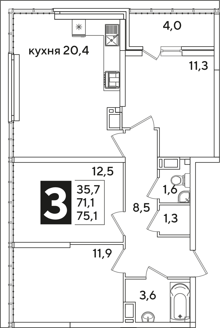 Планировка: 3-комн. квартира 75,1 м²