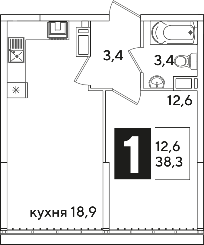 Планировка: 1-комн. квартира 38,3 м²