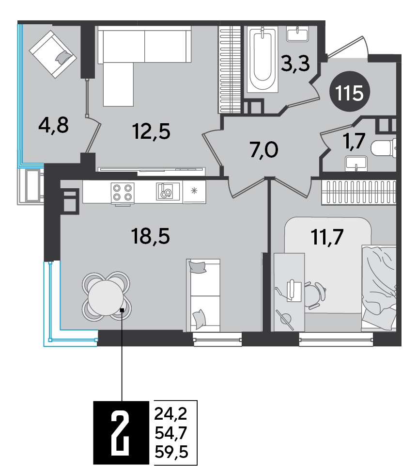 Планировка: 2-комн. квартира 59,5 м²