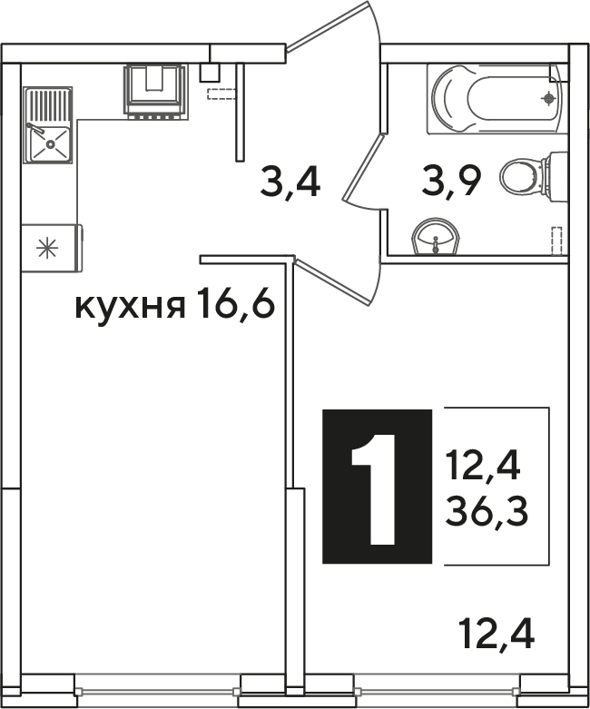 Планировка 1-комнатная 36,3 м²