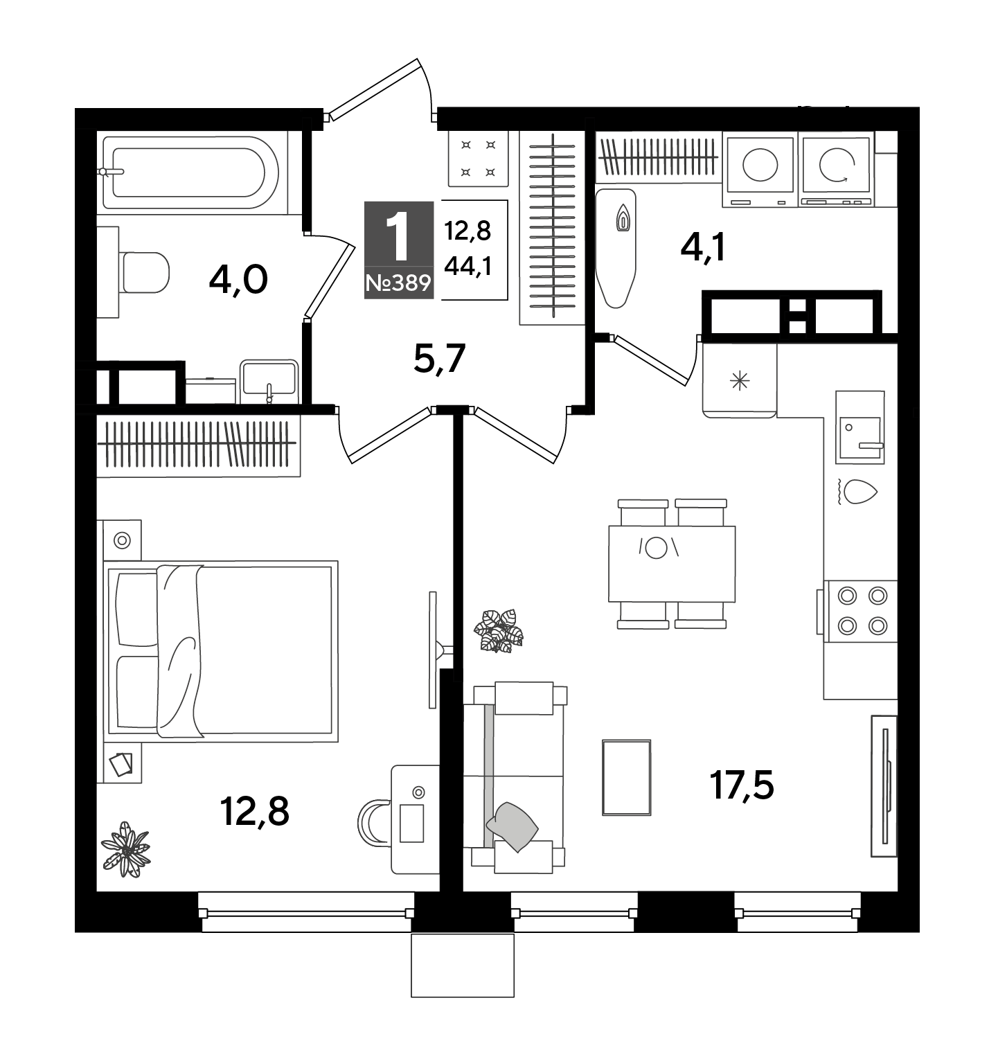 Планировка: 1-комн. квартира 44,1 м²