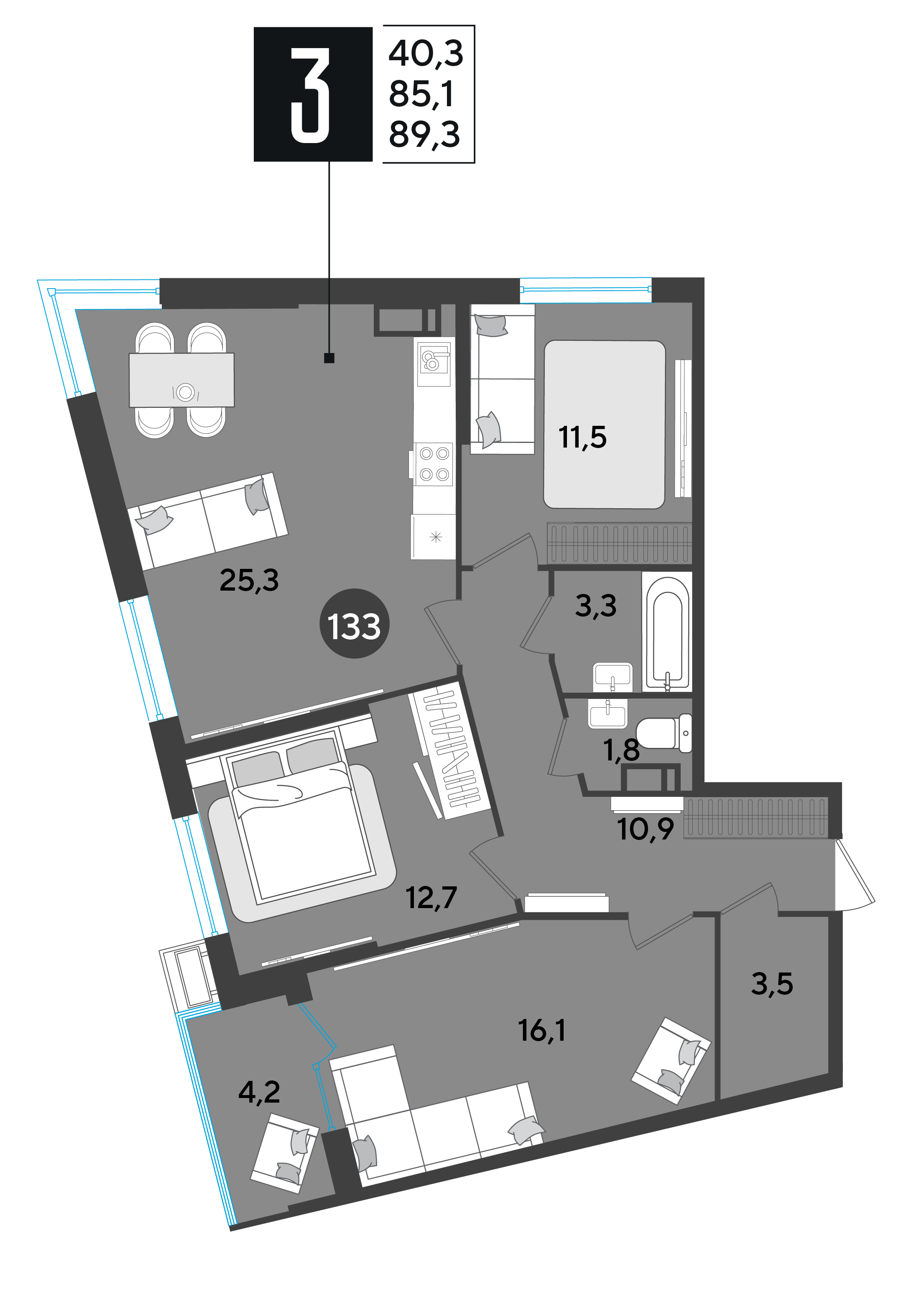Планировка: 3-комн. квартира 89,3 м²