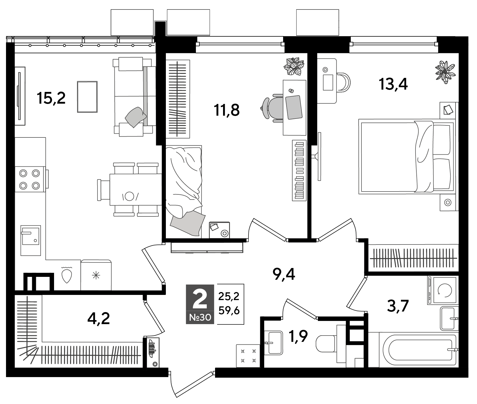 Планировка: 2-комн. квартира 59,6 м²