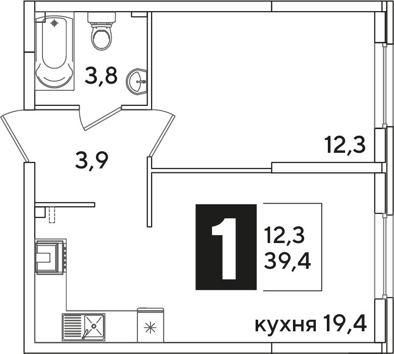 Планировка 1-комнатная 39,4 м²