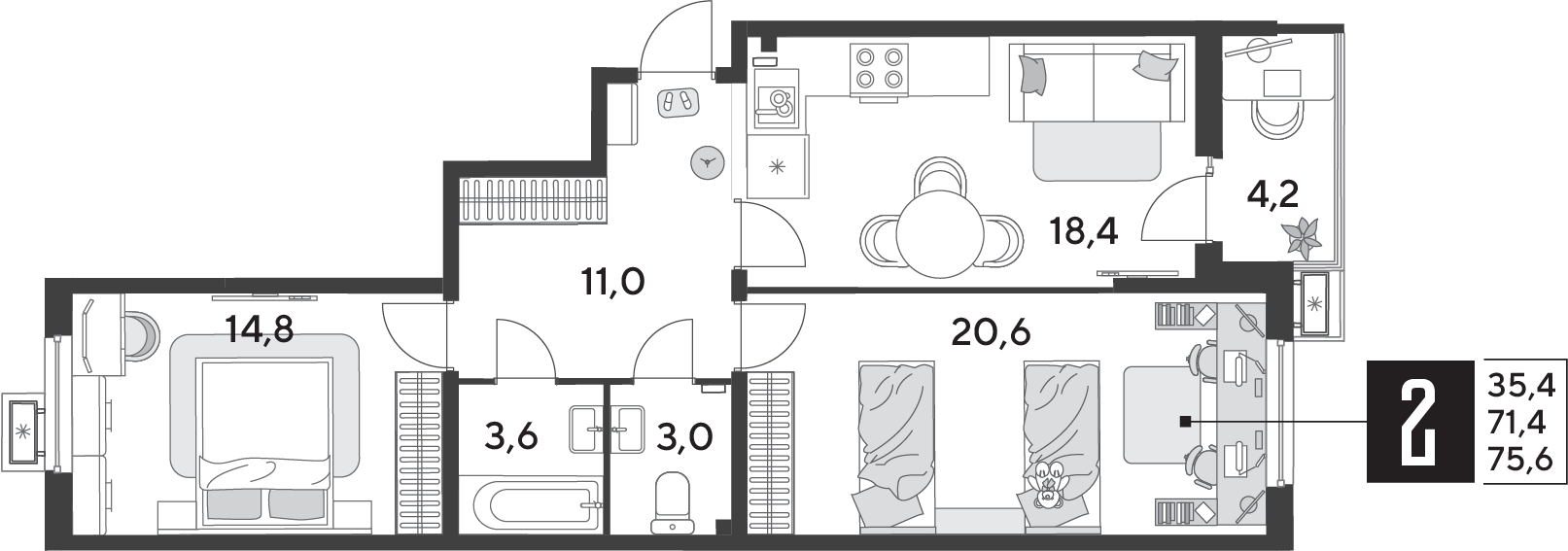 Планировка: 2-комн. квартира 75,6 м²