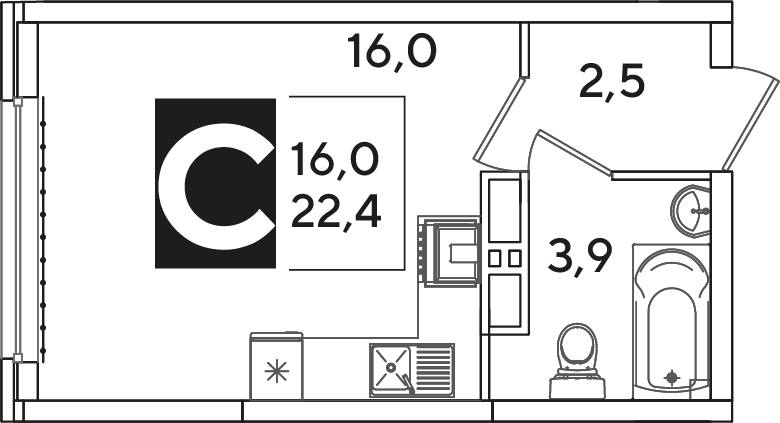 Планировка: Студия 22,4 м²