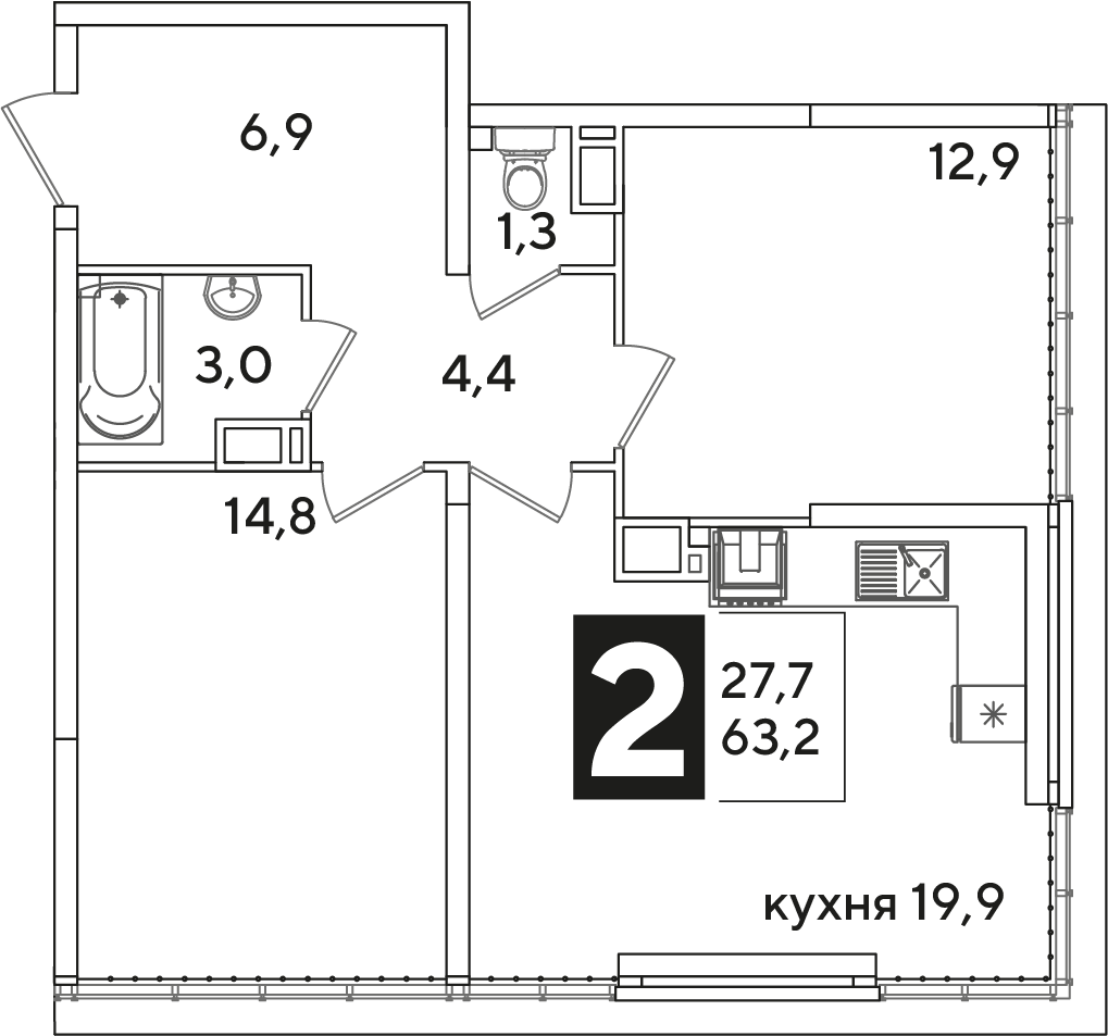 Планировка: 2-комн. квартира 63,2 м²