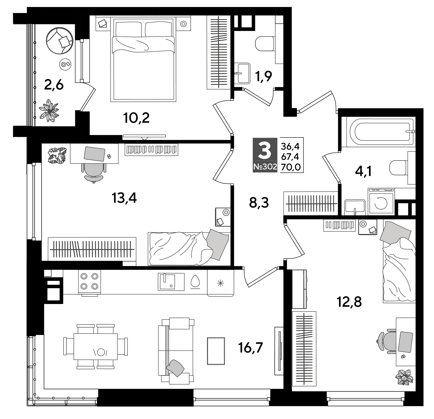 Планировка: 3-комн. квартира 70 м²