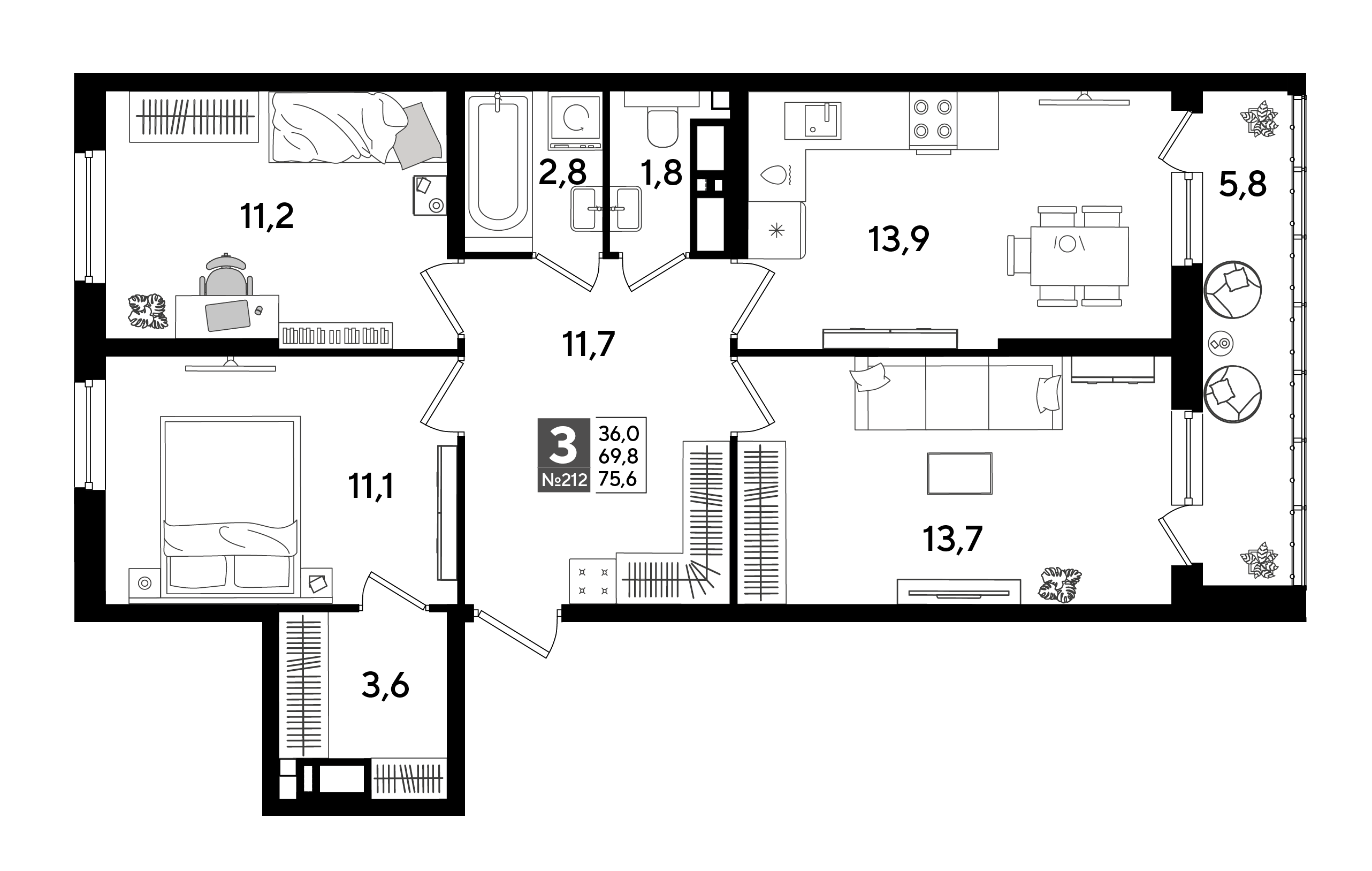 Планировка 3-комнатная 75,6 м²