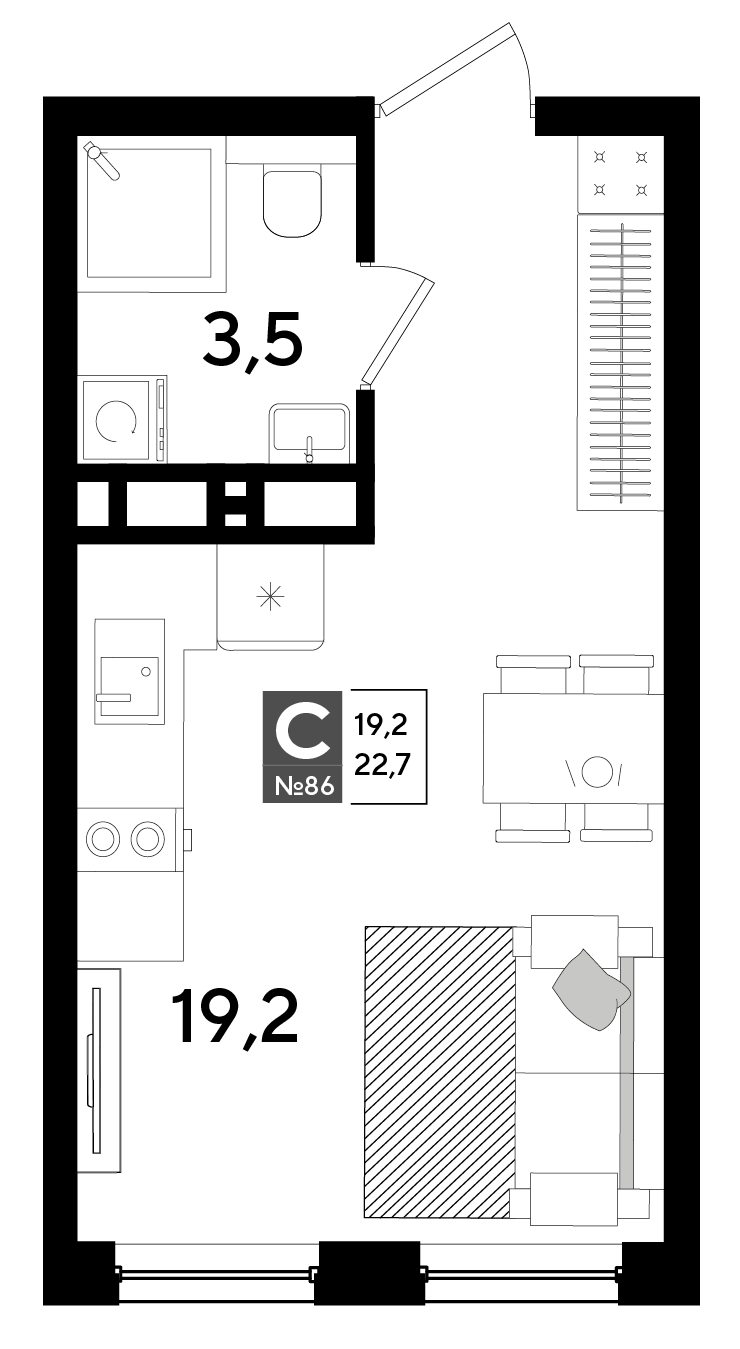 Планировка: Студия 22,7 м²
