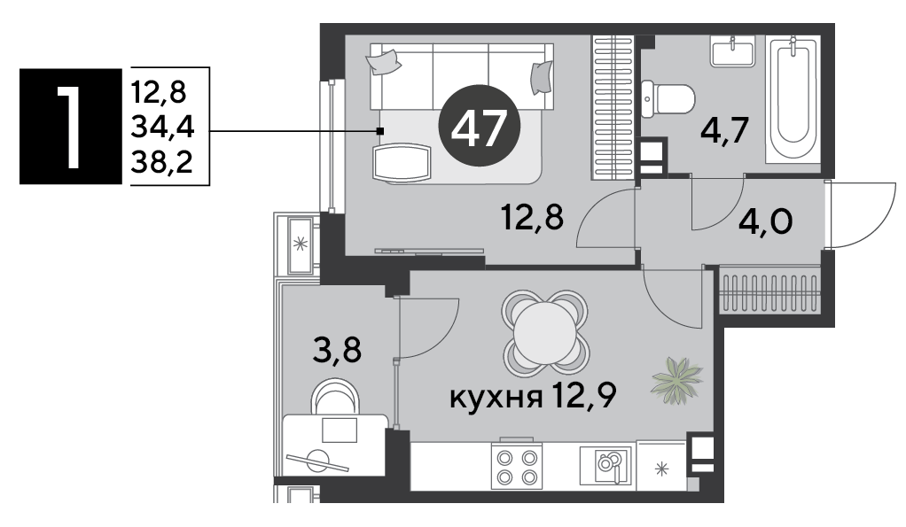 Планировка: 1-комн. квартира 38,2 м²