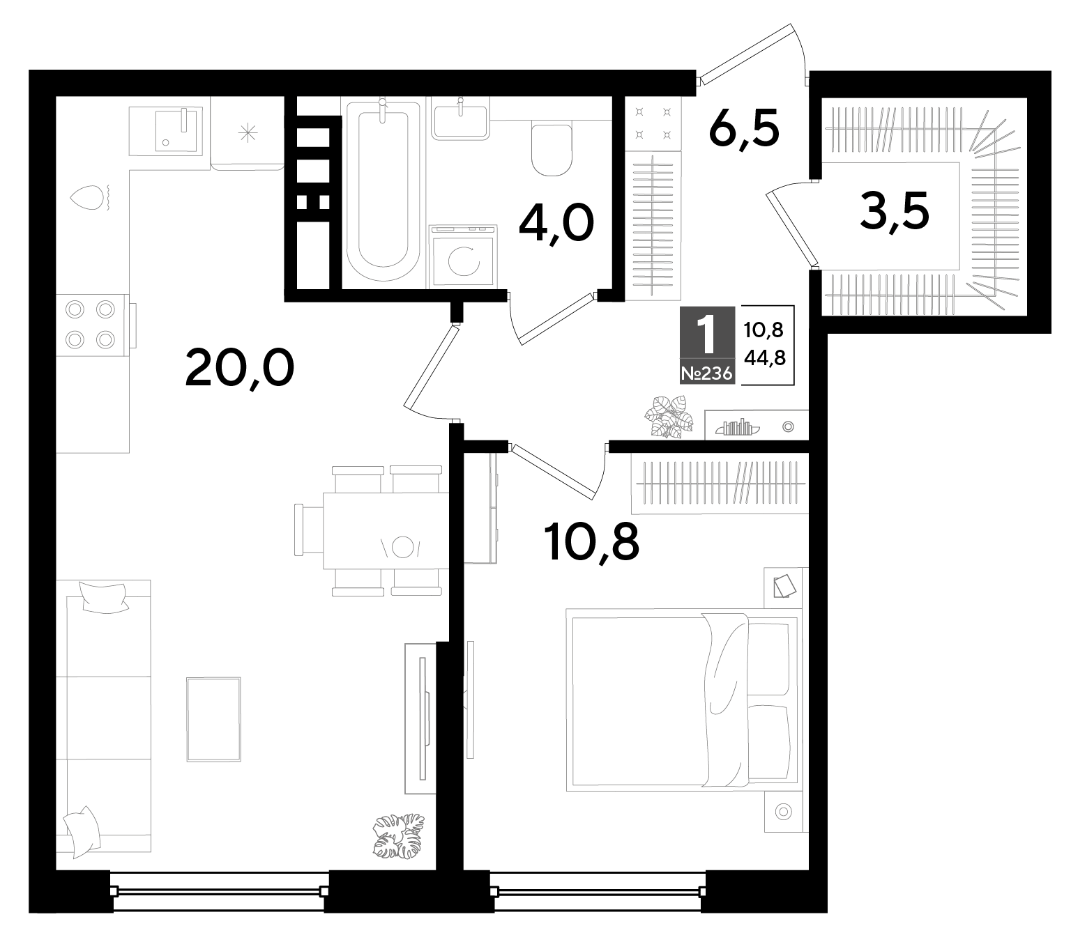Планировка: 1-комн. квартира 44,8 м²