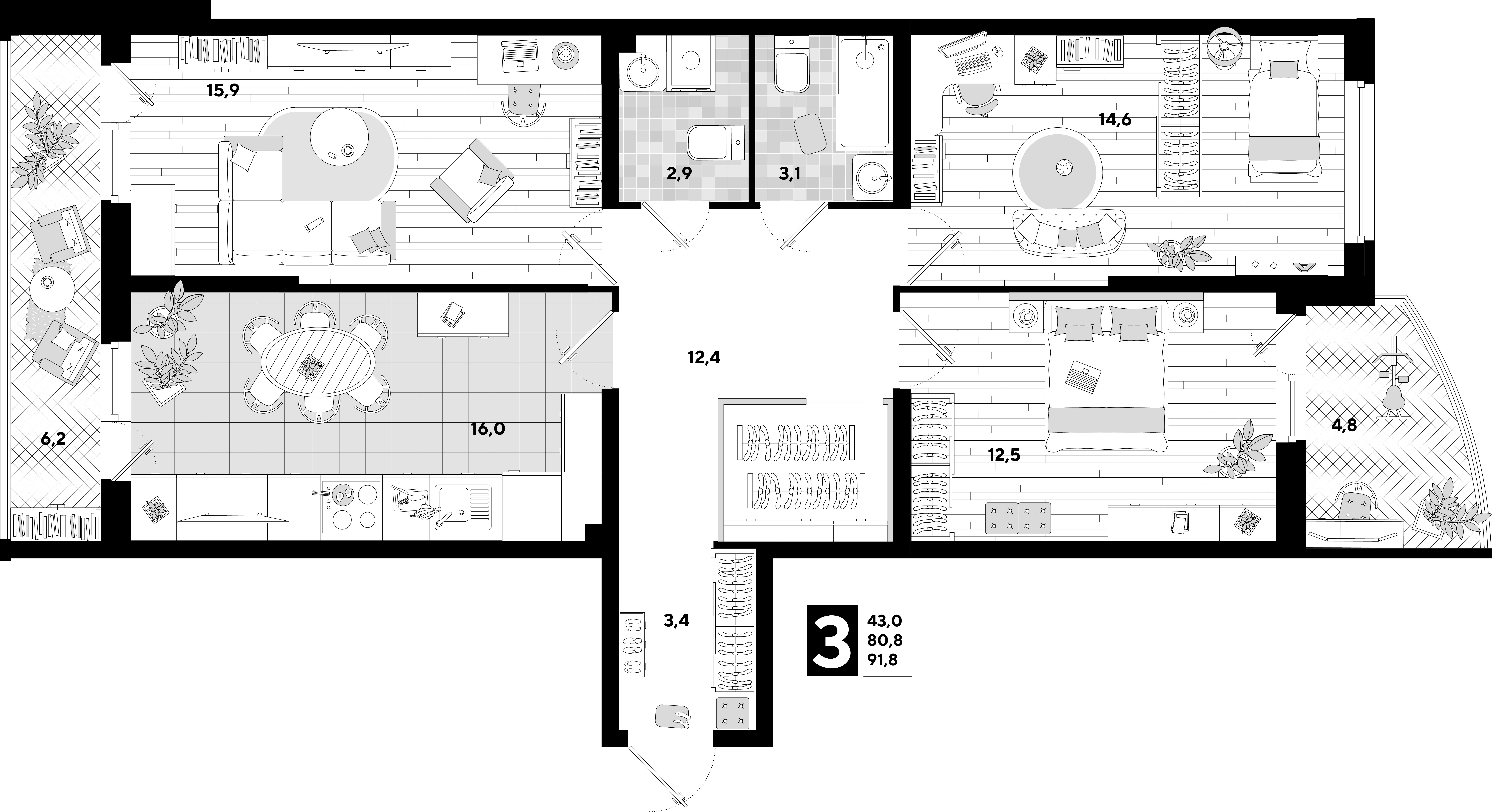 Планировка 3-комнатная 91,8 м²