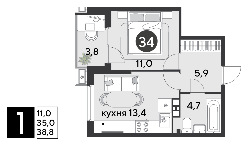 Планировка: 1-комн. квартира 38,8 м²