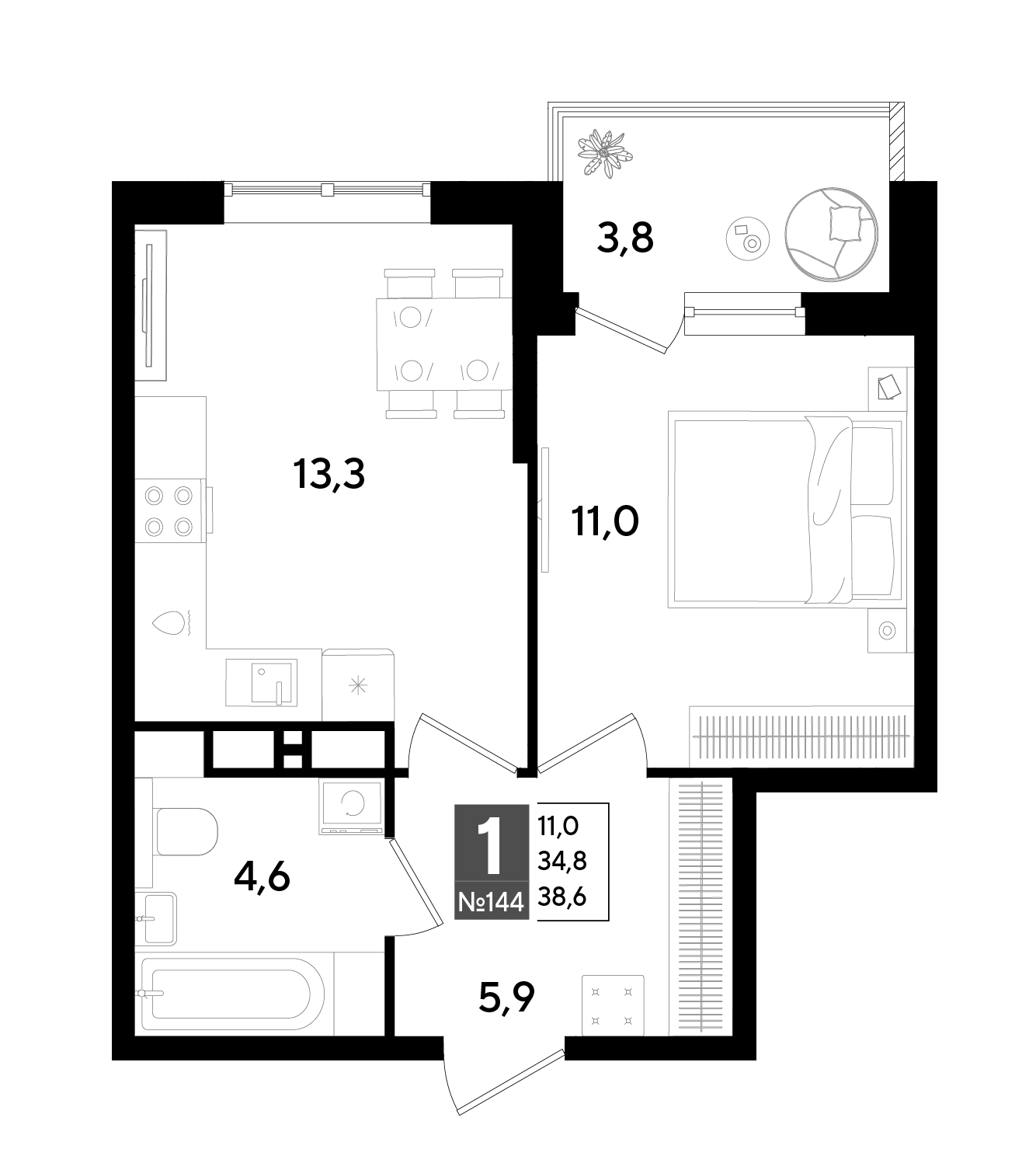 Планировка: 1-комн. квартира 38,6 м²