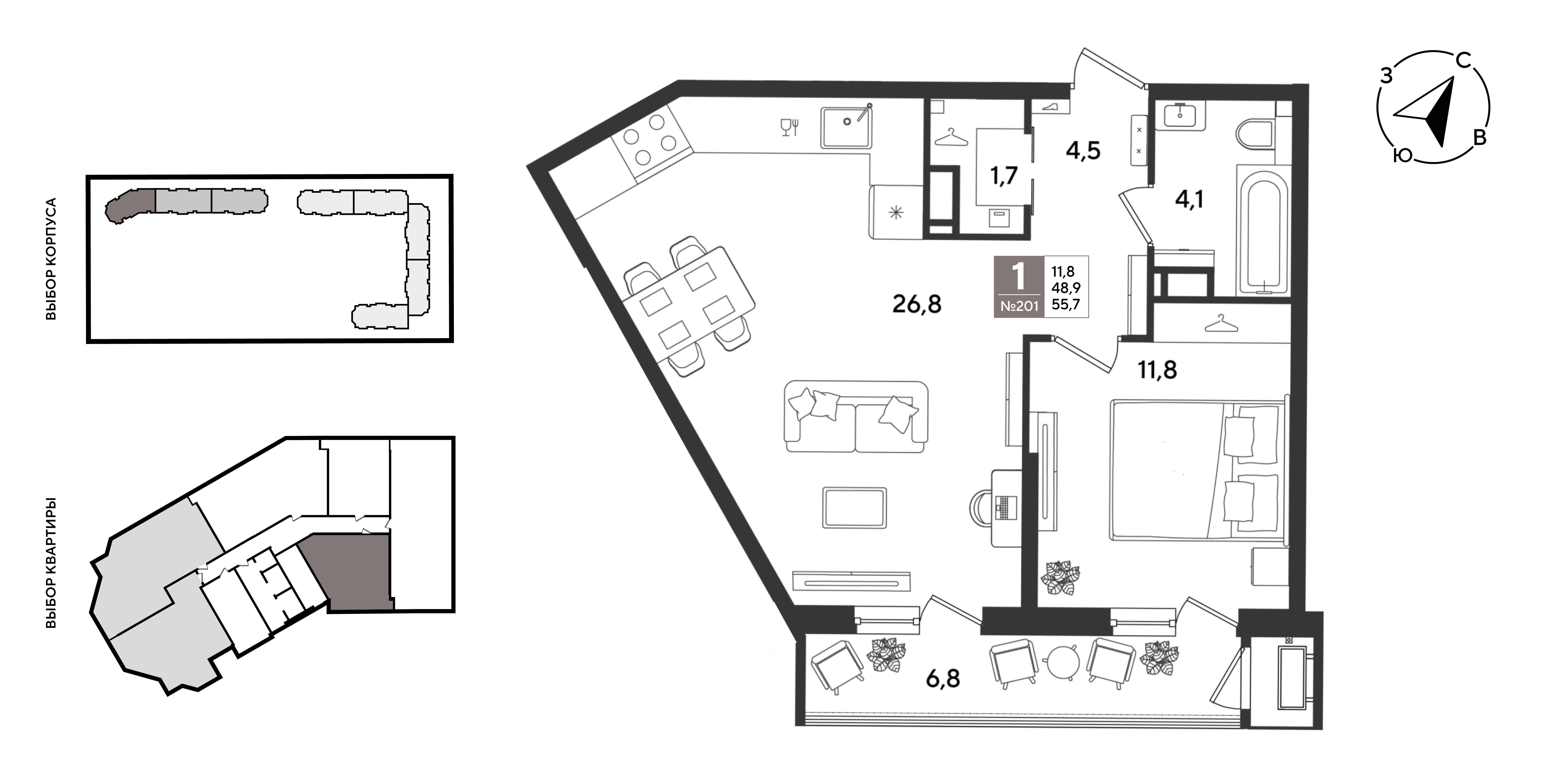 Планировка: 1-комн. квартира 55,9 м²
