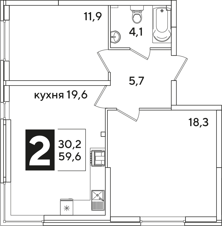 Планировка: 2-комн. квартира 59,6 м²