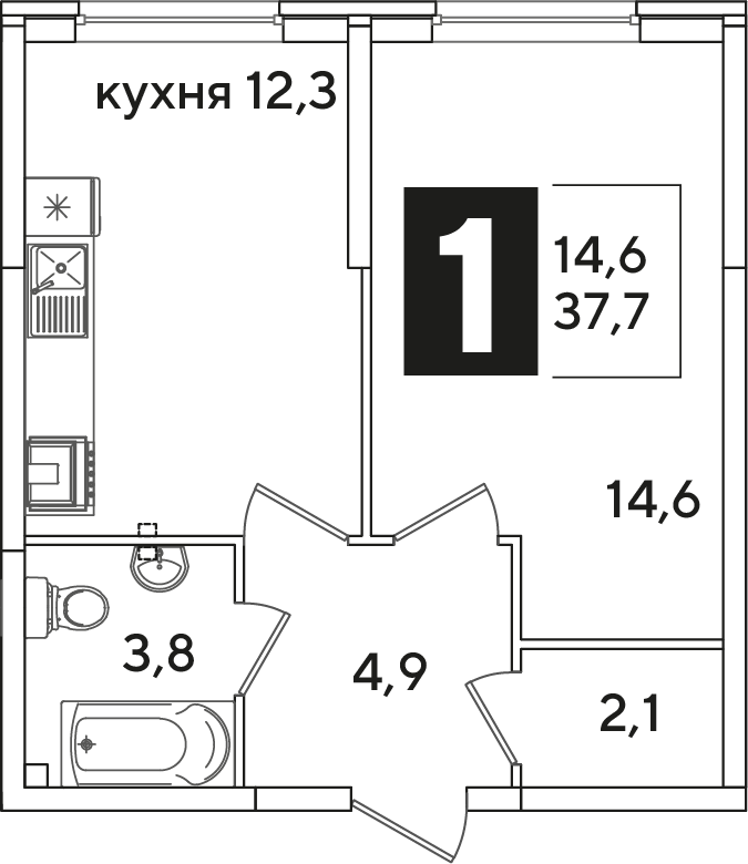 Планировка 1-комнатная 37,7 м²